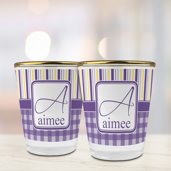 Purple Gingham & Stripe Glass Shot Glass - with gold rim - LIFESTYLE
