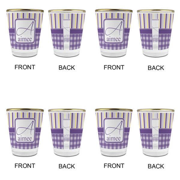 Purple Gingham & Stripe Glass Shot Glass - with gold rim - Set of 4 - APPROVAL