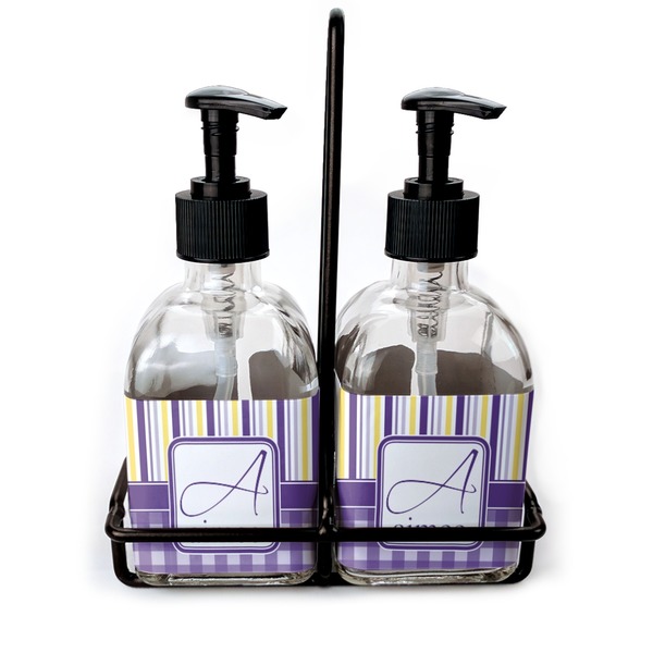Custom Purple Gingham & Stripe Glass Soap & Lotion Bottles (Personalized)