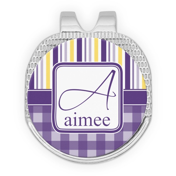 Custom Purple Gingham & Stripe Golf Ball Marker - Hat Clip - Silver