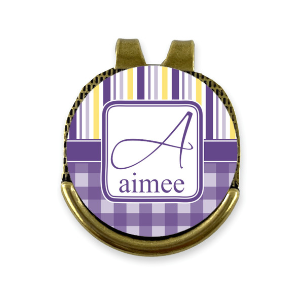 Custom Purple Gingham & Stripe Golf Ball Marker - Hat Clip - Gold