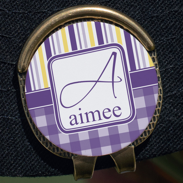 Purple Gingham & Stripe Golf Ball Marker Hat Clip - Gold - Close Up