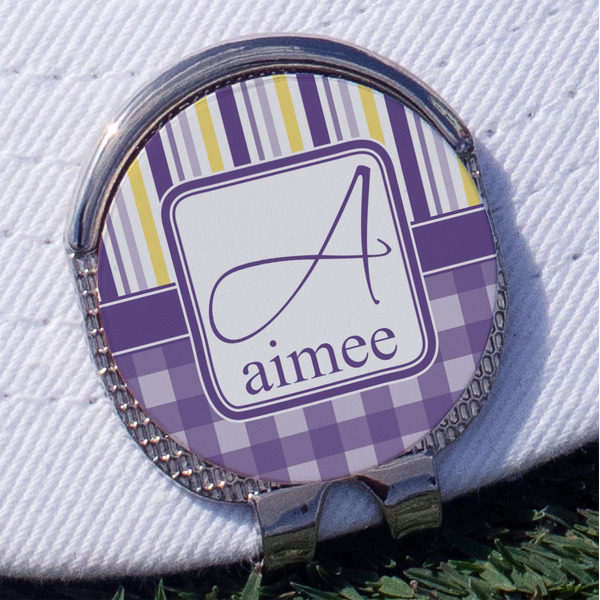 Purple Gingham & Stripe Golf Ball Marker Hat Clip - Silver - Front
