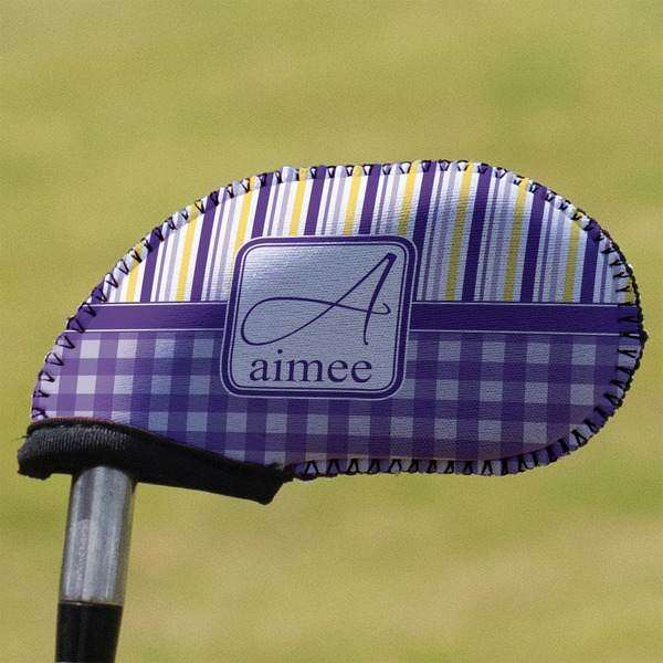 Custom Purple Gingham & Stripe Golf Club Iron Cover - Single (Personalized)