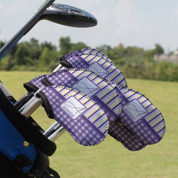 Custom Purple Gingham & Stripe Golf Club Iron Cover - Set of 9 (Personalized)
