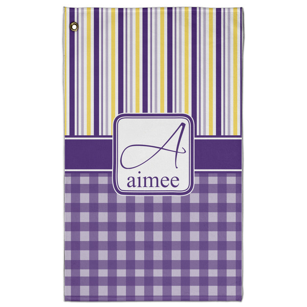Custom Purple Gingham & Stripe Golf Towel - Poly-Cotton Blend w/ Name and Initial