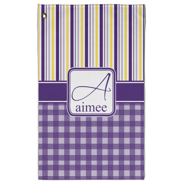 Custom Purple Gingham & Stripe Golf Towel - Poly-Cotton Blend - Large w/ Name and Initial