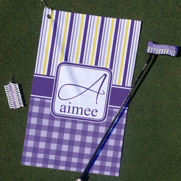 Custom Purple Gingham & Stripe Golf Towel Gift Set (Personalized)