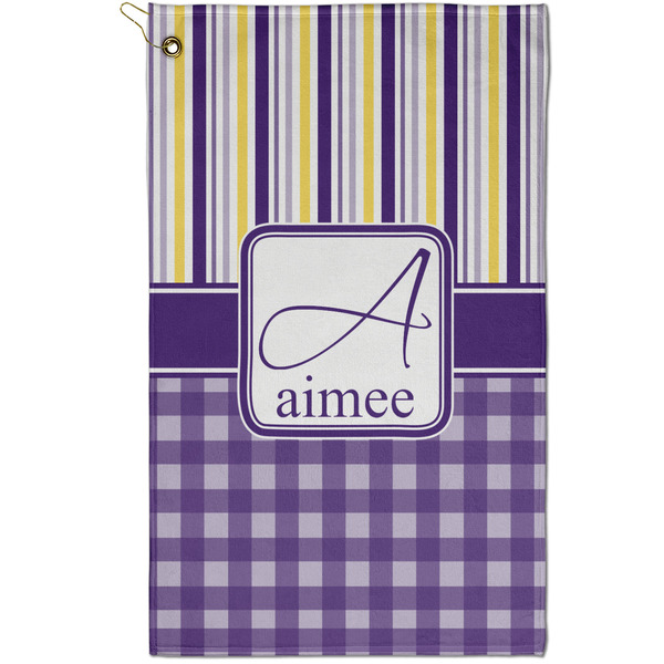 Custom Purple Gingham & Stripe Golf Towel - Poly-Cotton Blend - Small w/ Name and Initial