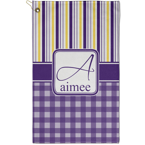 Custom Purple Gingham & Stripe Golf Towel - Poly-Cotton Blend - Small w/ Name and Initial