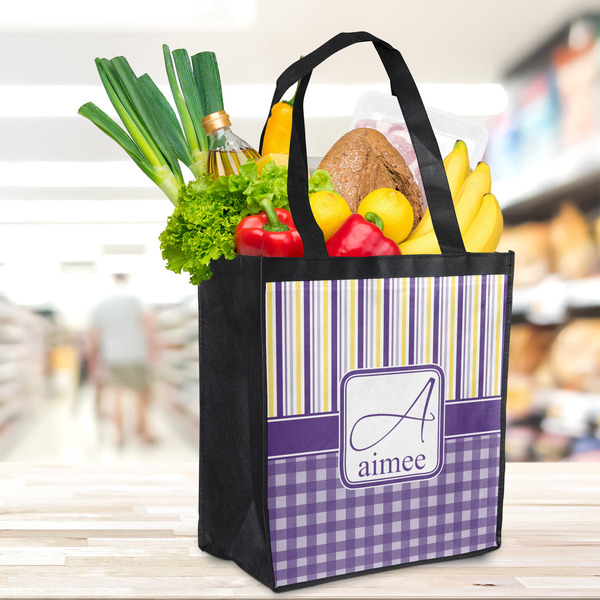 Purple Gingham & Stripe Grocery Bag - LIFESTYLE