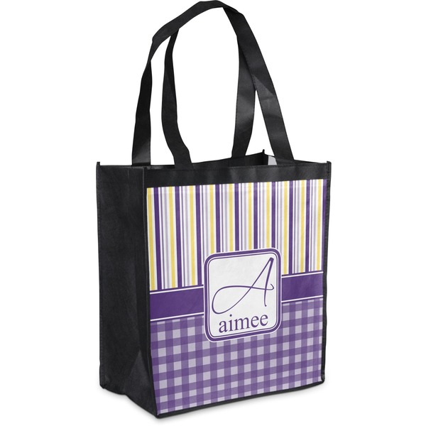 Custom Purple Gingham & Stripe Grocery Bag (Personalized)