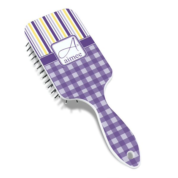 Purple Gingham & Stripe Hair Brush - Angle View