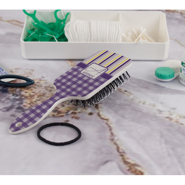 Purple Gingham & Stripe Hair Brush - In Bathroom