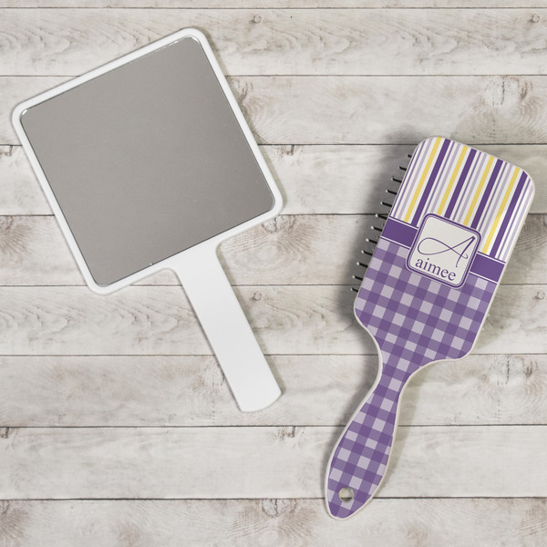 Purple Gingham & Stripe Hair Brush - In Context