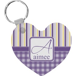 Purple Gingham & Stripe Heart Plastic Keychain w/ Name and Initial