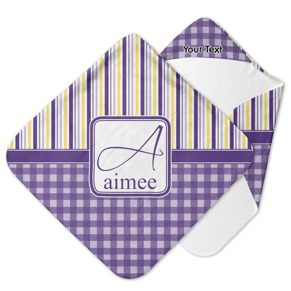Custom Purple Gingham & Stripe Hooded Baby Towel (Personalized)
