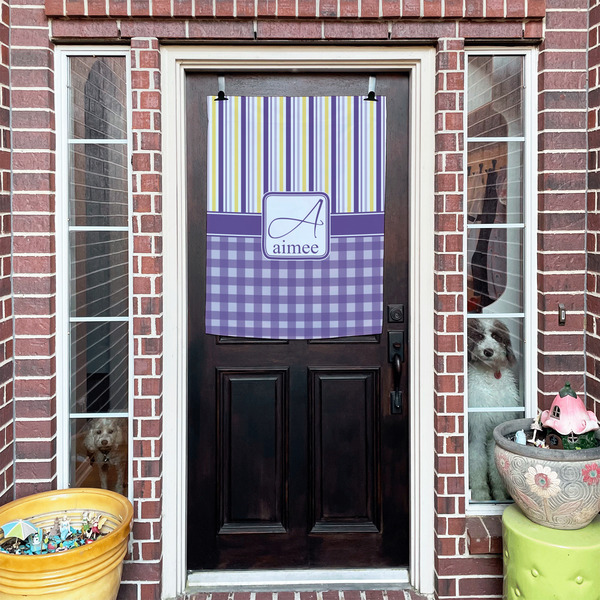 Purple Gingham & Stripe House Flags - Double Sided - (Over the door) LIFESTYLE