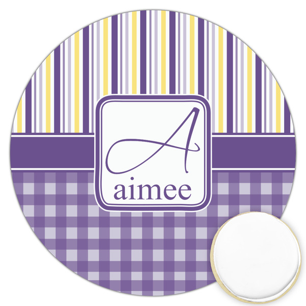 Custom Purple Gingham & Stripe Printed Cookie Topper - 3.25" (Personalized)