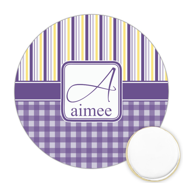 Custom Purple Gingham & Stripe Printed Cookie Topper - Round (Personalized)