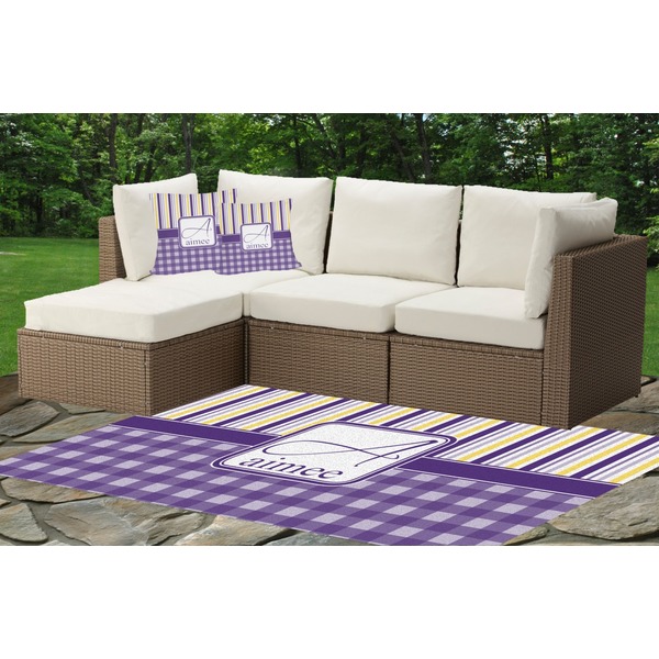 Custom Purple Gingham & Stripe Indoor / Outdoor Rug - Custom Size w/ Name and Initial