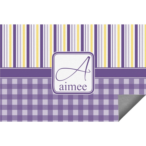 Custom Purple Gingham & Stripe Indoor / Outdoor Rug - 6'x8' w/ Name and Initial