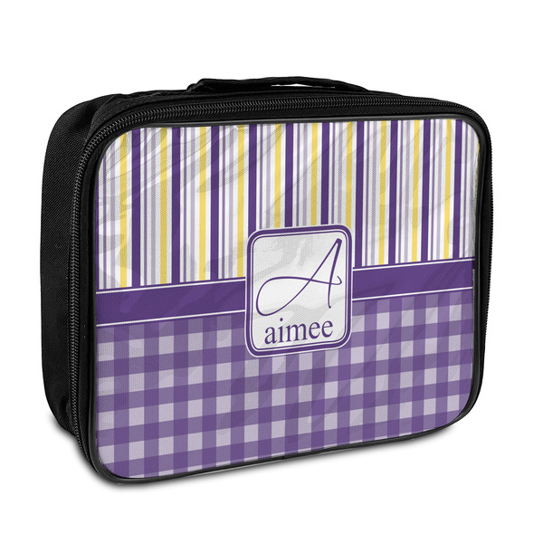 Custom Purple Gingham & Stripe Insulated Lunch Bag (Personalized)