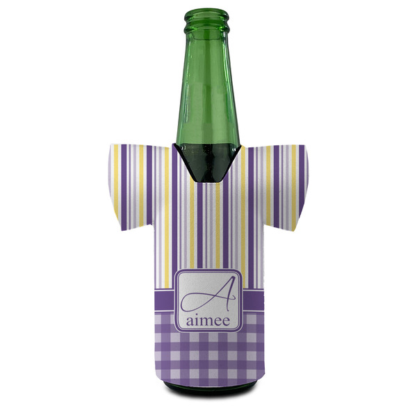 Purple Gingham & Stripe Jersey Bottle Cooler - FRONT (on bottle)