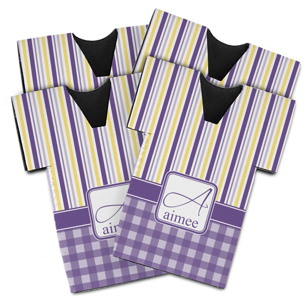 Custom Purple Gingham & Stripe Jersey Bottle Cooler - Set of 4 (Personalized)