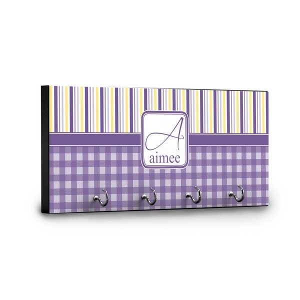 Purple Gingham & Stripe Key Hanger - Front View with Hooks