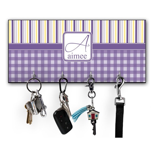 Custom Purple Gingham & Stripe Key Hanger w/ 4 Hooks w/ Name and Initial
