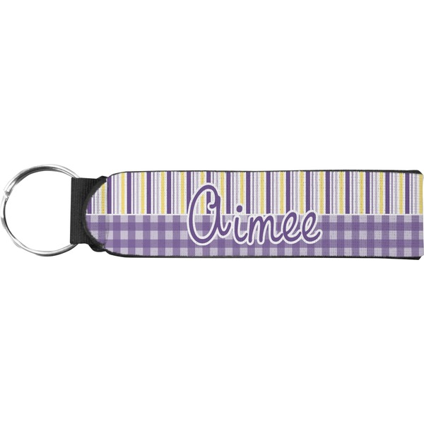 Custom Purple Gingham & Stripe Neoprene Keychain Fob (Personalized)
