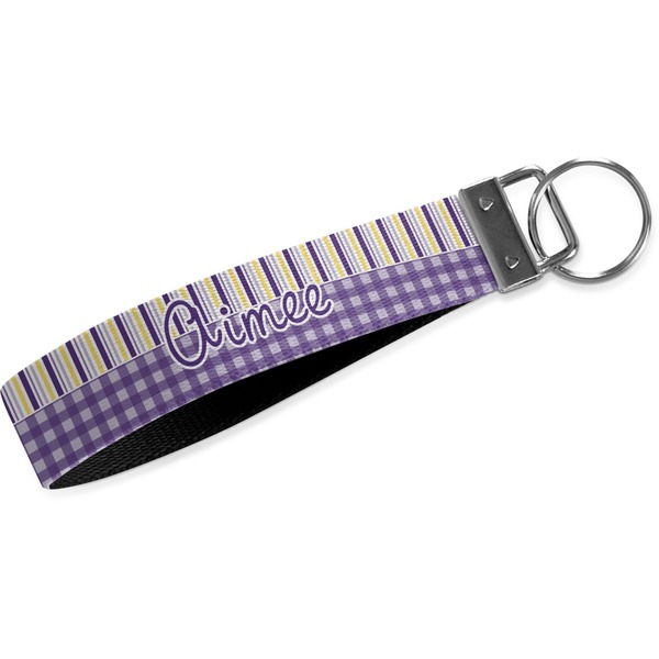Custom Purple Gingham & Stripe Webbing Keychain Fob - Large (Personalized)
