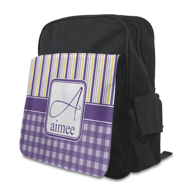 Custom Purple Gingham & Stripe Preschool Backpack (Personalized)