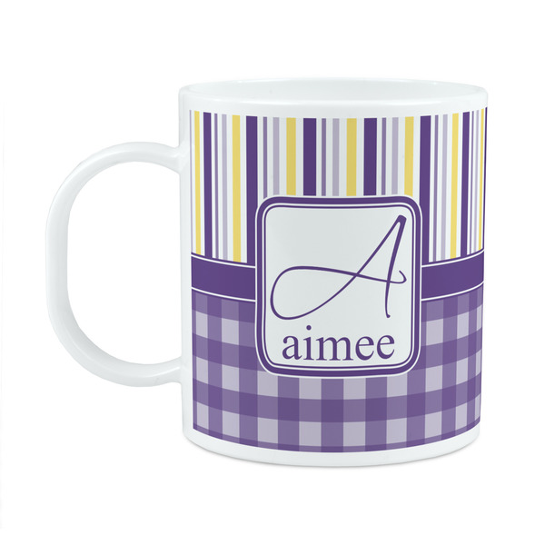 Custom Purple Gingham & Stripe Plastic Kids Mug (Personalized)