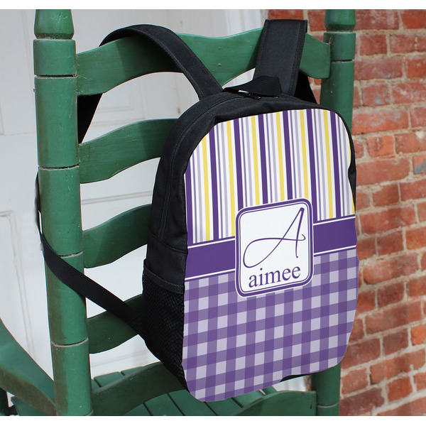 Purple Gingham & Stripe Kids Backpack - In Context