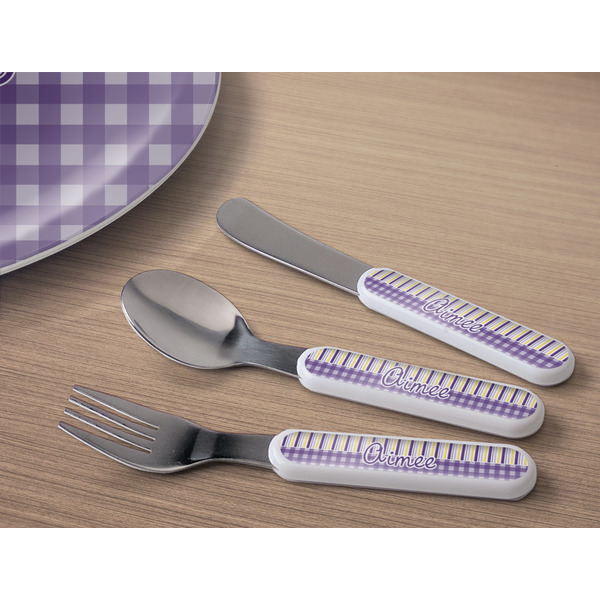Purple Gingham & Stripe Kids Flatware w/ Plate