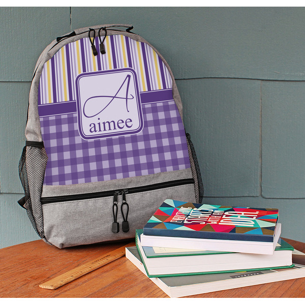 Purple Gingham & Stripe Large Backpack - Gray - On Desk