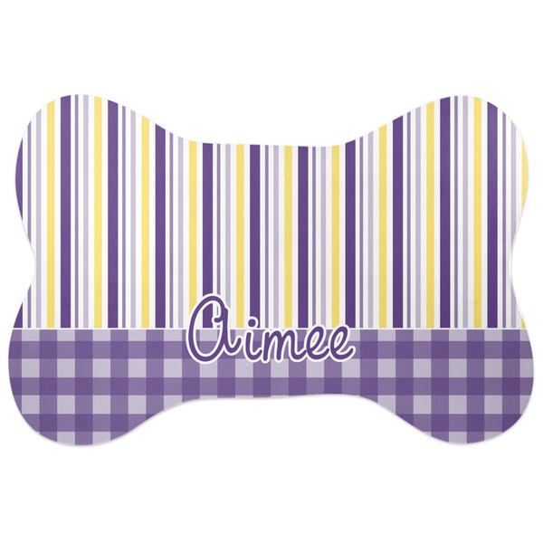 Custom Purple Gingham & Stripe Bone Shaped Dog Food Mat (Personalized)