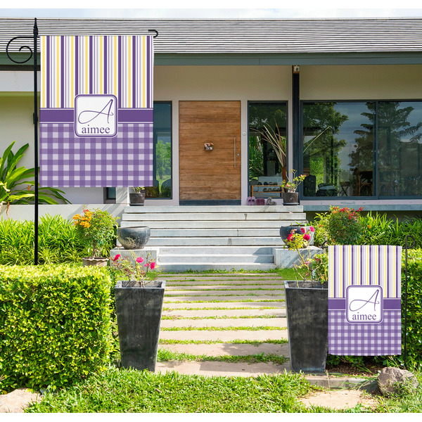 Custom Purple Gingham & Stripe Large Garden Flag - Single Sided (Personalized)