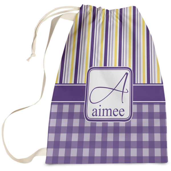 Custom Purple Gingham & Stripe Laundry Bag (Personalized)