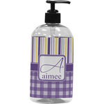 Purple Gingham & Stripe Plastic Soap / Lotion Dispenser (16 oz - Large - Black) (Personalized)