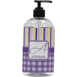 Purple Gingham & Stripe Plastic Soap / Lotion Dispenser (Personalized)