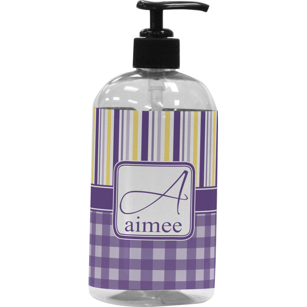 Custom Purple Gingham & Stripe Plastic Soap / Lotion Dispenser (Personalized)