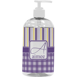 Purple Gingham & Stripe Plastic Soap / Lotion Dispenser (16 oz - Large - White) (Personalized)