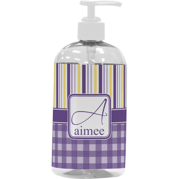 Custom Purple Gingham & Stripe Plastic Soap / Lotion Dispenser (16 oz - Large - White) (Personalized)