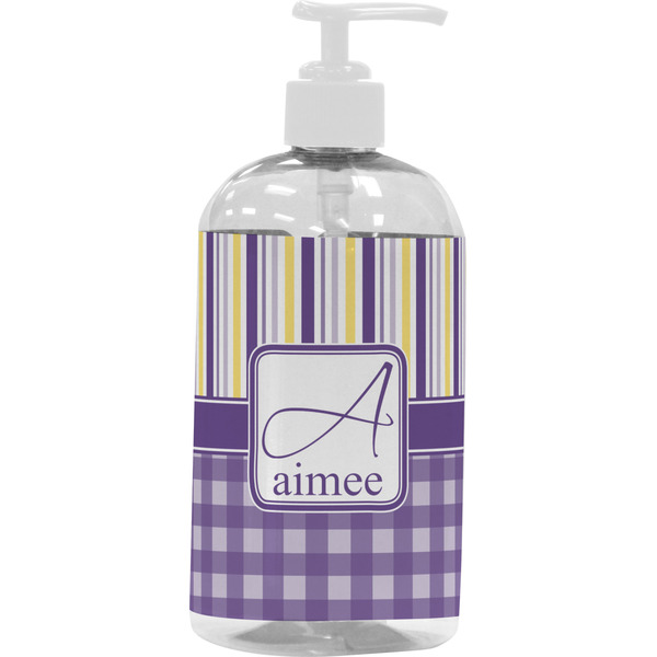 Purple Gingham & Stripe Large Liquid Dispenser (16 oz) - White