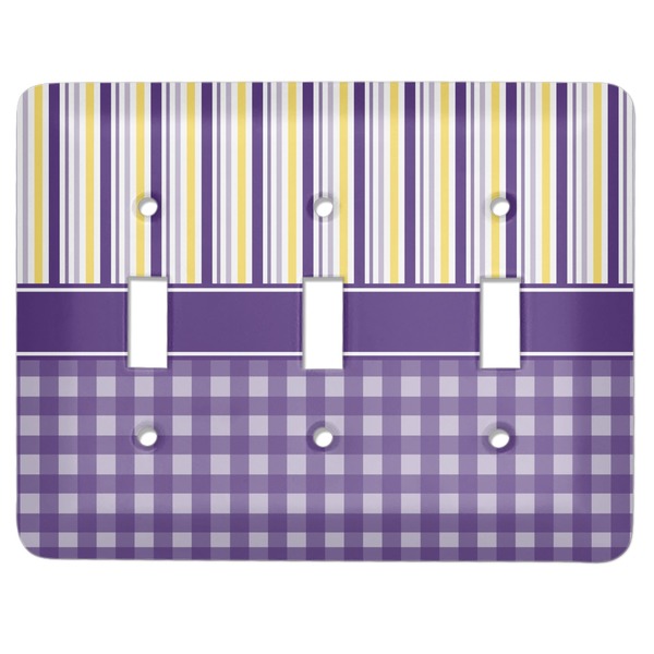 Custom Purple Gingham & Stripe Light Switch Cover (3 Toggle Plate)