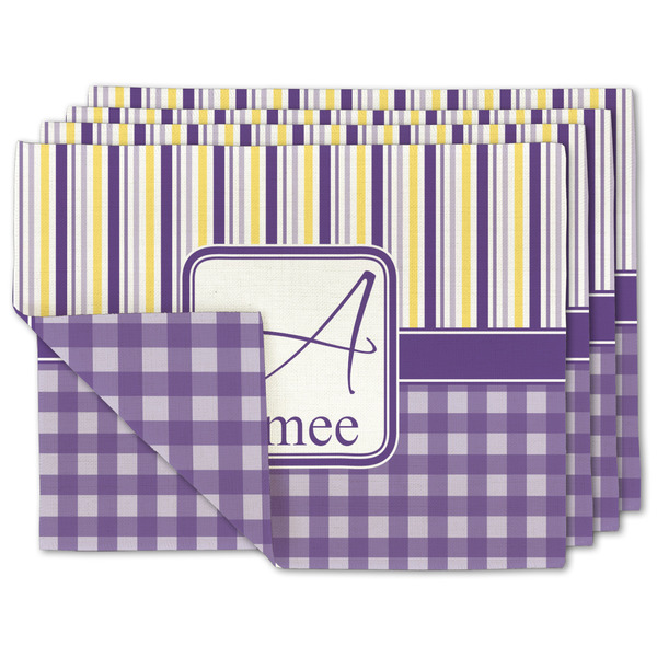 Custom Purple Gingham & Stripe Double-Sided Linen Placemat - Set of 4 w/ Name and Initial