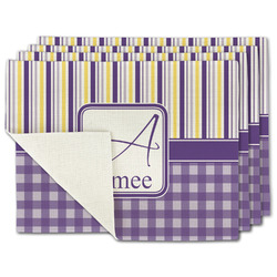 Purple Gingham & Stripe Single-Sided Linen Placemat - Set of 4 w/ Name and Initial
